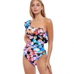New! Profile by Gottex Color Rush Black Ruffle One‎ Shoulder One Piece Swimsuit